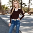 thumbnail image 3 of Women's Long Sleeve V-Neck Shirt with Contrast Collar - X Large, Brown, 3 of 7