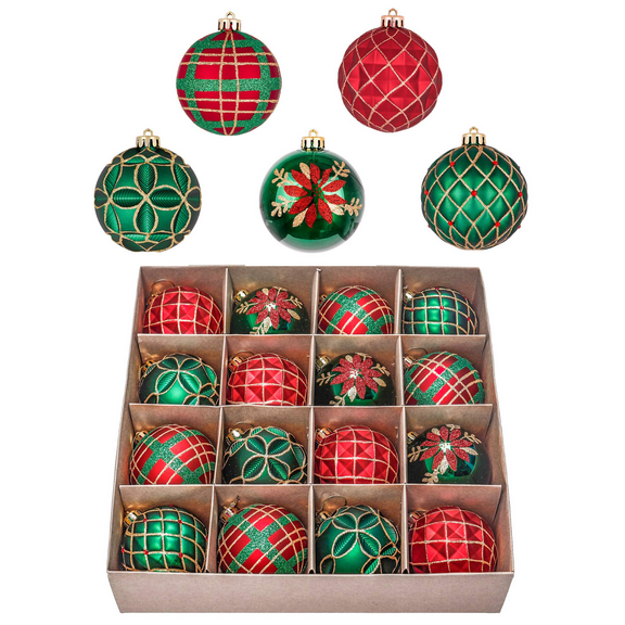 Valery Madelyn 16ct 3.15" Christmas Ball Ornaments, Red Green Gold Shatterproof Ornaments for Xmas Party Decor
