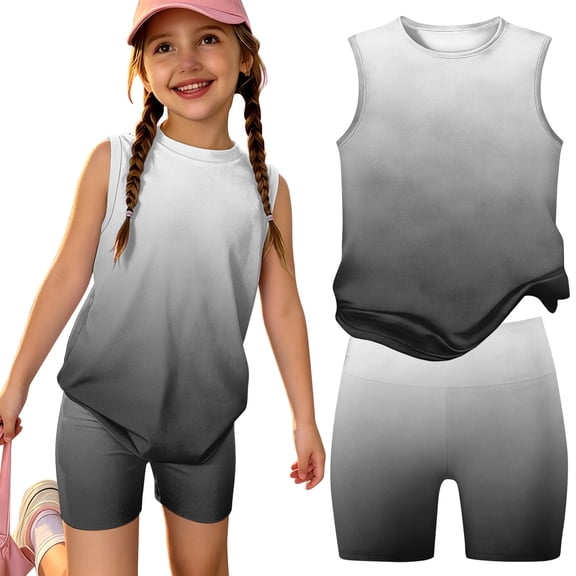 Grblisyd Outfits for Girls 10-12 Summer Gradient Print Tank Top and Biker Shorts 2 Piece Outfit Kids Cute Clothing Sets