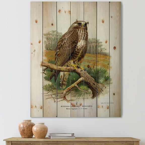 Designart 'Ancient Bird Life IX' Traditional Print on Natural Pine Wood