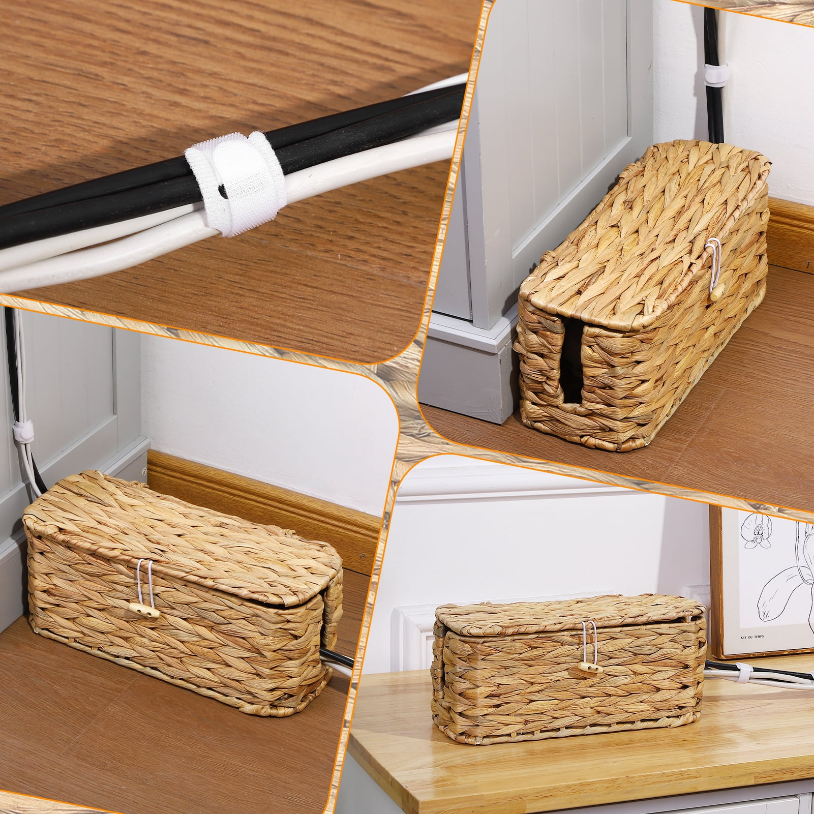 Armscye 2 Pack Wicker Cable Management Box with Lid, 15'' / 12'' Cable Organizer Box and Power Strip Box with 10 Ties, Under Desk Cord Hider and Floor Cable Management for Electrical Cord Management