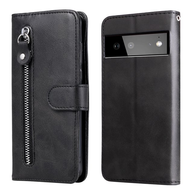 Case for Google Pixel 6 5G Zipper Pocket Wallet Leather Case Magnetic Closure Flip Cover - Black