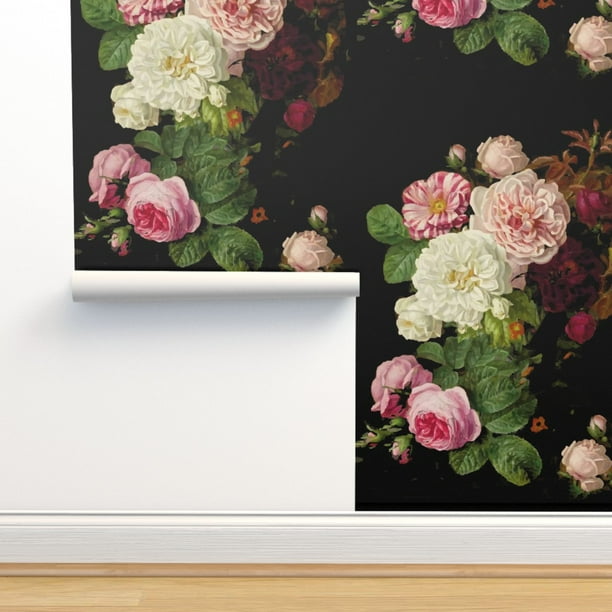 Removable Wallpaper 9ft x 2ft - Dark Roses Black Floral Vintage Medium