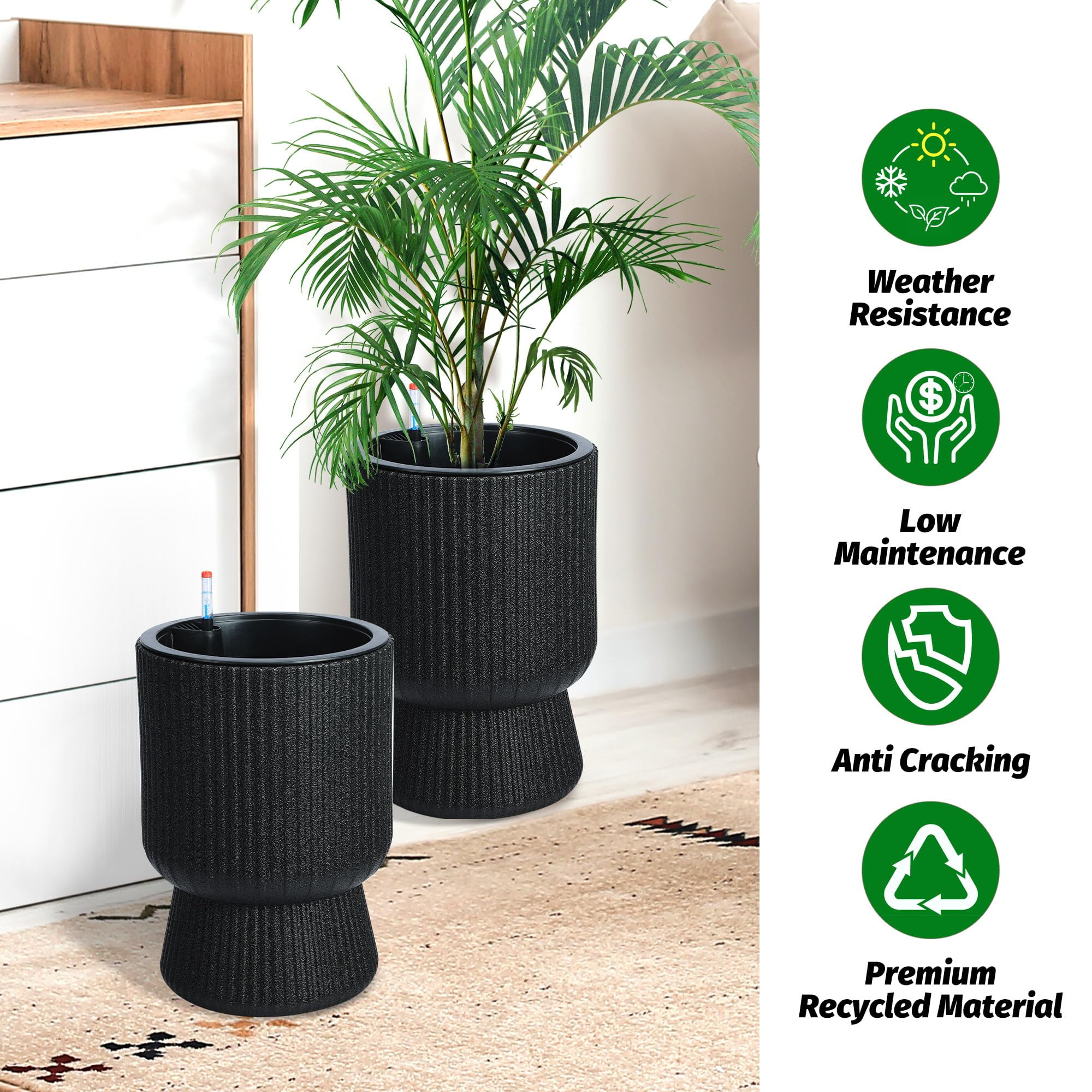 Kojooin 14.2" Planters Set of 2 – Self Watering Flower Pots with Drainage Holes & Water Level Monitor for Patio, Home, Office, Porch, Living Room