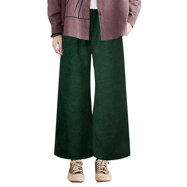 Pantalones de color sólido para mujer Pantalones de pierna ancha Pantalones de pana casuales sueltos Abanopi Verde/3X-grande