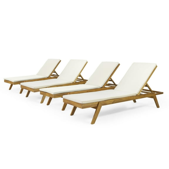 Larimore Outdoor Teak Acacia Wood Chaise Lounge with Cream Cushions, Set of 4