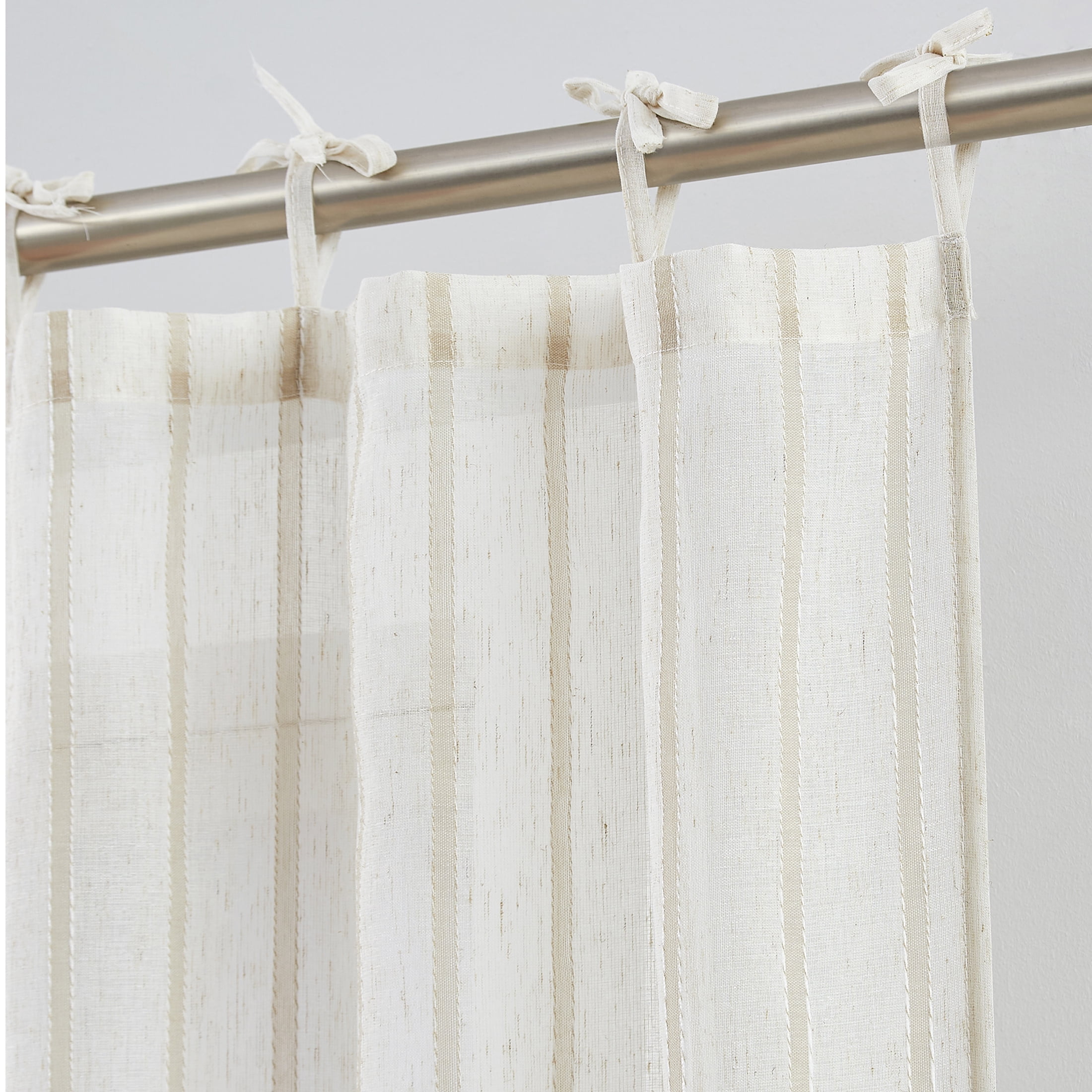 My Texas House Emerson Linen Stripe Light Filtering Tie Top Curtain Panel Pair, Taupe, 76" x 95"