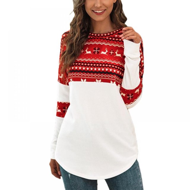 Hauts Imprimés de Noël pour Femmes, Manches Longues, Col Rond, Printemps Automne, Slim