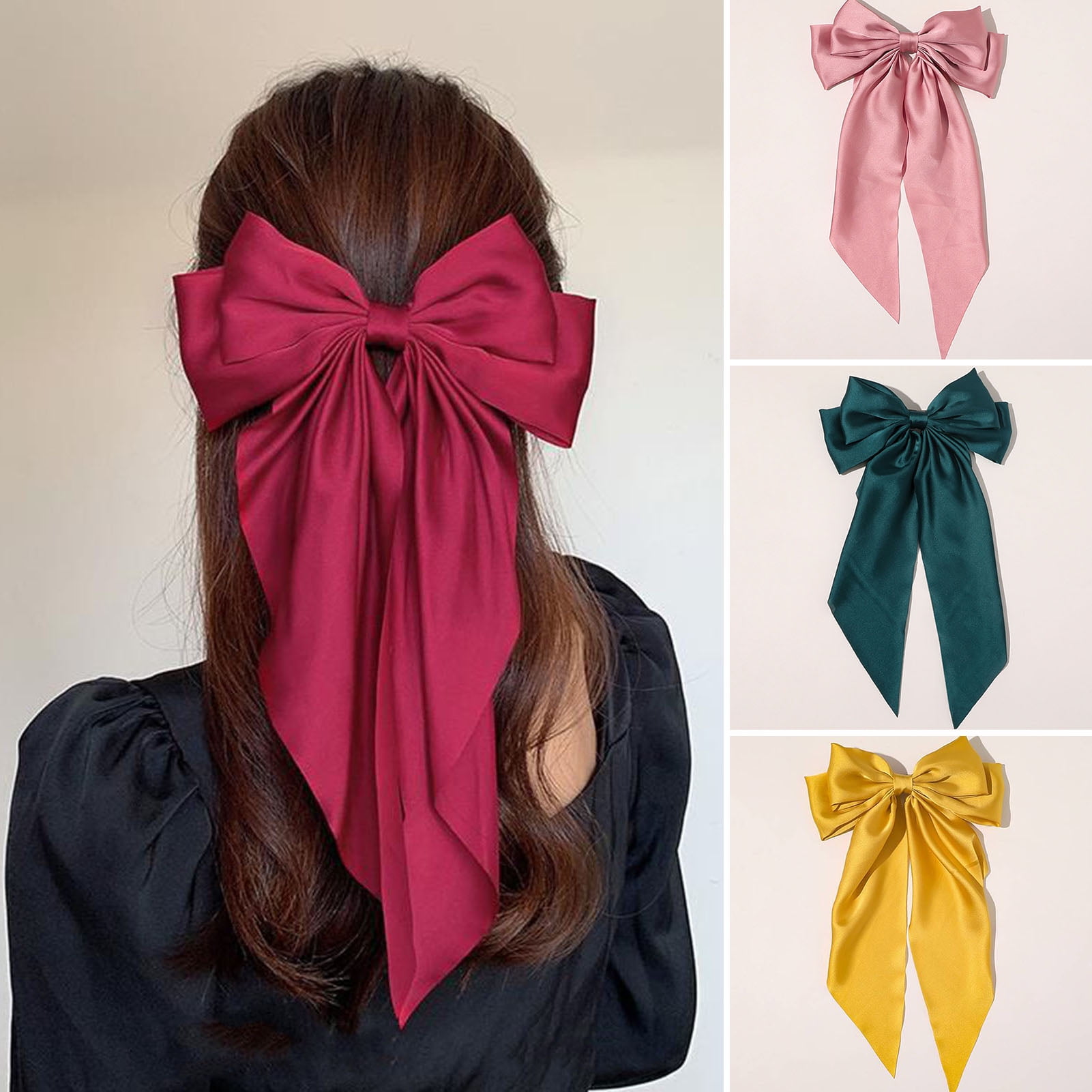 Women Hairpin Big Bow-knot Solid Color Elegant Double Layers Long Hair Decoration Ponytail Clip Satin Vintage Hair Clip Hair Accessories,Green