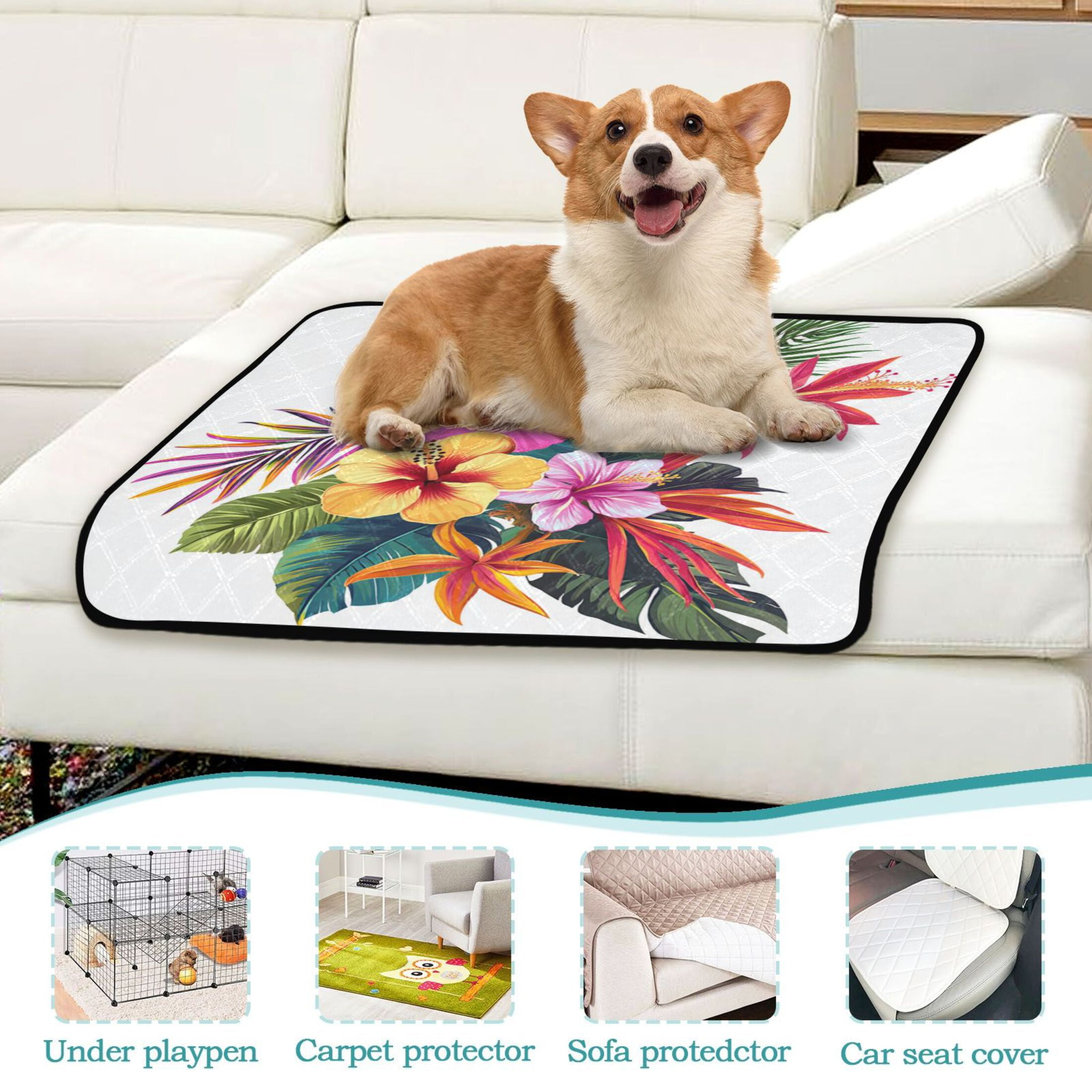 Washable Pet Pee Pads with Super Absorbent Reusable Training Pads for Dogs & Cats Tropical Flowers