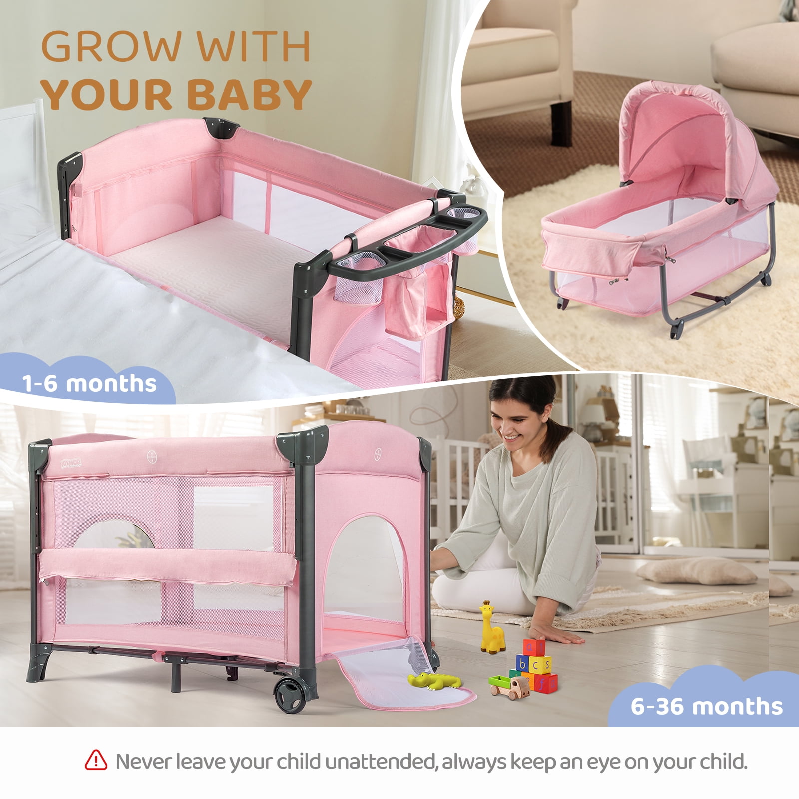 JOYMOR Twin Bassinet for Baby, Double Bassinet for Twins, Pink Bassinet for Girl Infant