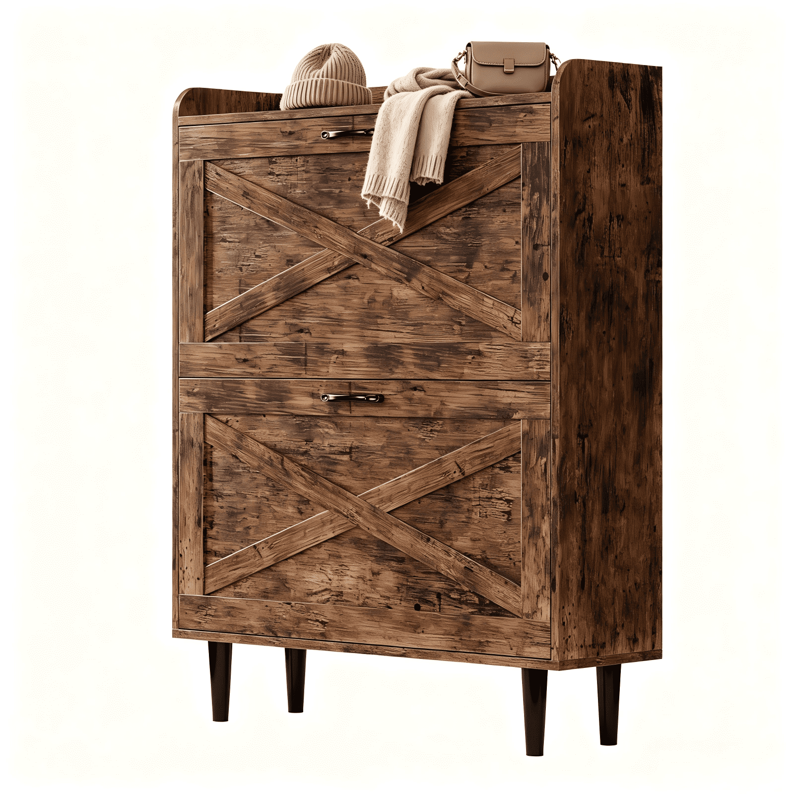 2 Flip-Top Drawer Shoe Cabinet with Sliding Barn Door and Guard-Rail