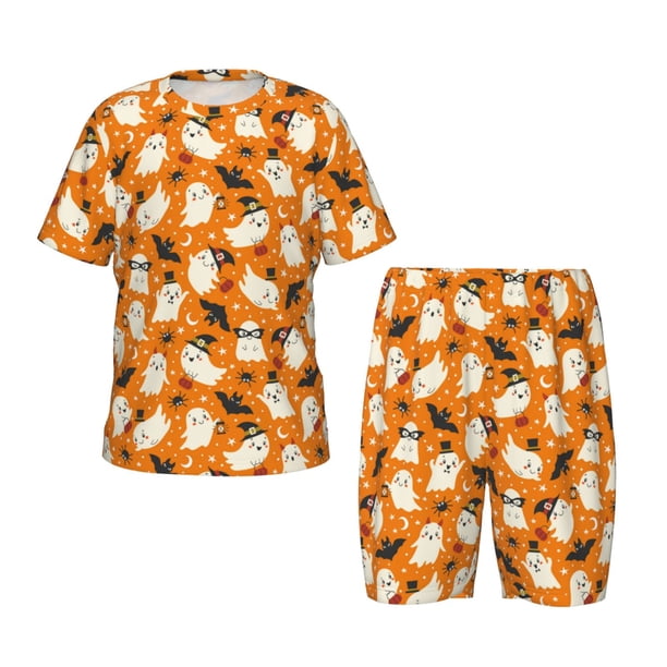 Fotbe Cute Ghosts Pijama Estampada de 2 Piezas para Niños – Ropa de Dormir de Manga Corta Cómoda para Niños y Niñas, Camiseta y Shorts de Algodón-X-Large