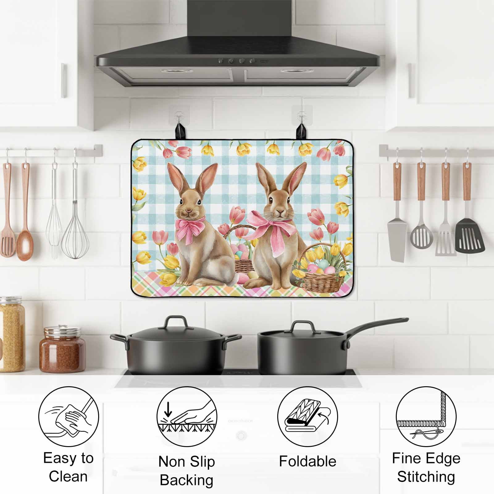 Easter Bunny Eggs Stove Top Cover for Electric Stove, Heat-proof & Non Slip Glass Top Stove Cover Protector, Spring Tulips Farm House Rabbits Blue Plaid Kitchen Flat Cooktop Rubber Mat 24x21 Inches