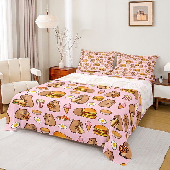 Homewish Girly Pink Cartoon Twin Sheet Sets for Kids, Cute Capibara Lover Twin Fitted Sheet, Kawaii Animal Lover Flat Sheet, Breathable Home Decor, 3pcs