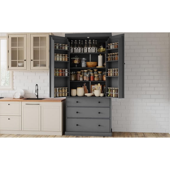 Farmhouse Kitchen Pantry, 3 Adjustable Shelves, Varying Door Shelf Heights / Customizable Storage