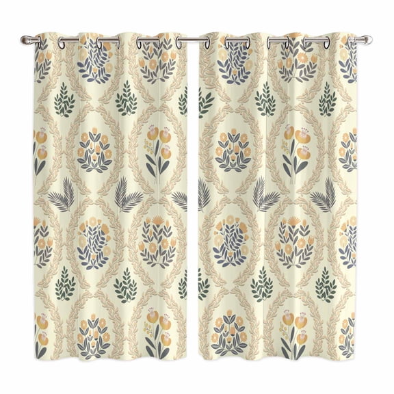 Yellow Flower Pattern Kitchen Curtains Window Panels, Vintage Botanical Floral Simple Yellow Insulated Window Treatment Curtain, Grommet Curtains for Bedroom/Living Room/Bathroom, 2 Piece 42"Wx63"L