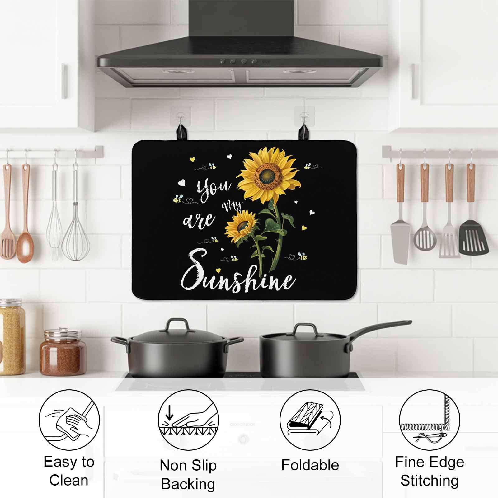 Yellow Sunflower Stove Top Cover for Electric Stove, Heat-proof & Non Slip Glass Top Stove Cover Protector, Summer Flower Bee Sunshine Black Kitchen Flat Cooktop Rubber Mat 31x24 Inches