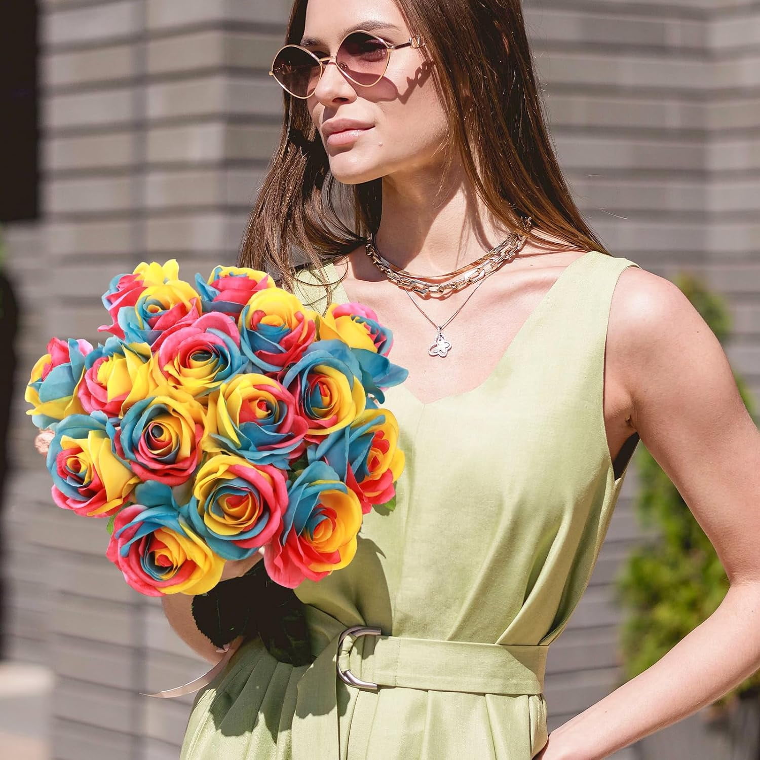 Rainbow Roses Artificial Flowers - Artificial Roses Silk Flowers with Stems for Home Wedding Hotel Office Centerpiece Decorï¼Rainbowï¼