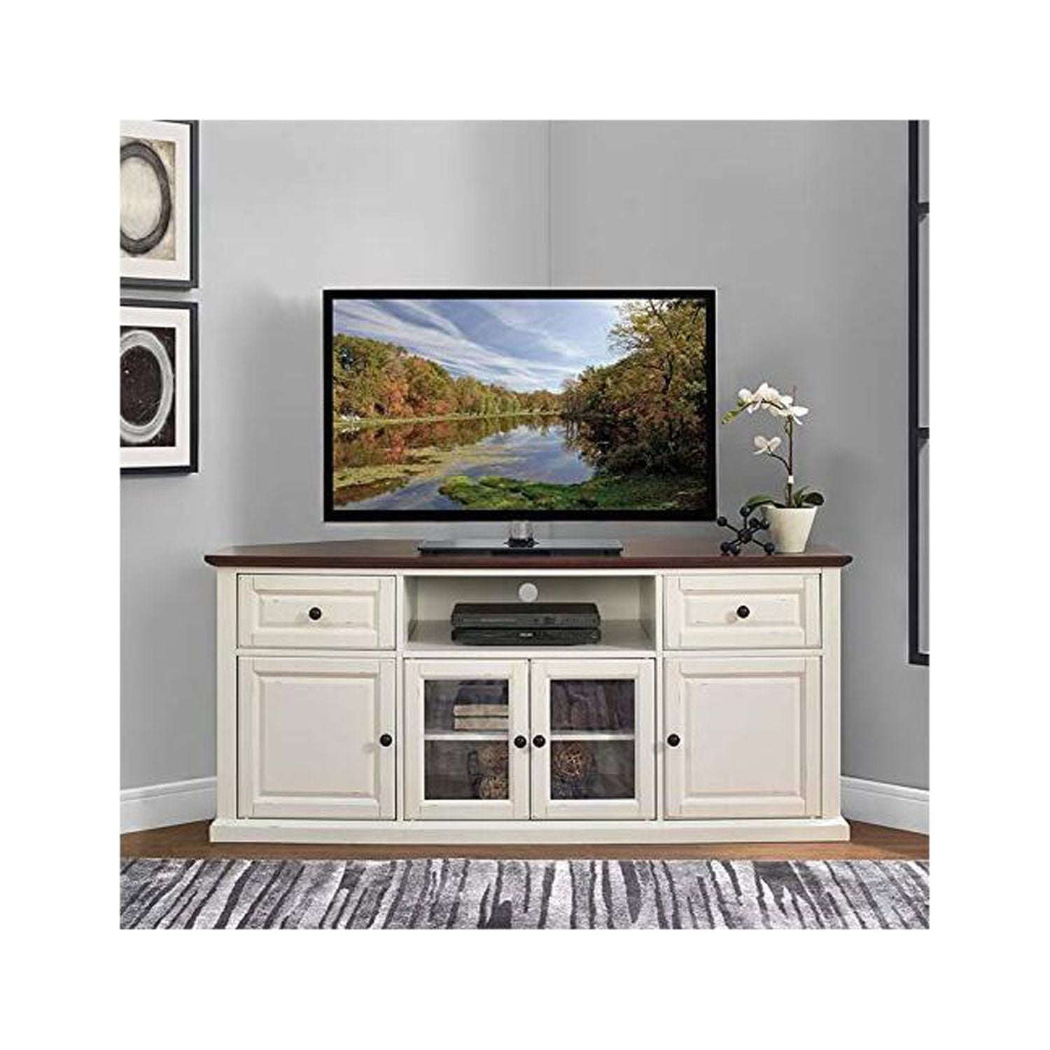 Corner TV Stand for TVs up to 65 Inch - White Finish Entertainment Center with Glass Doors & Shelves