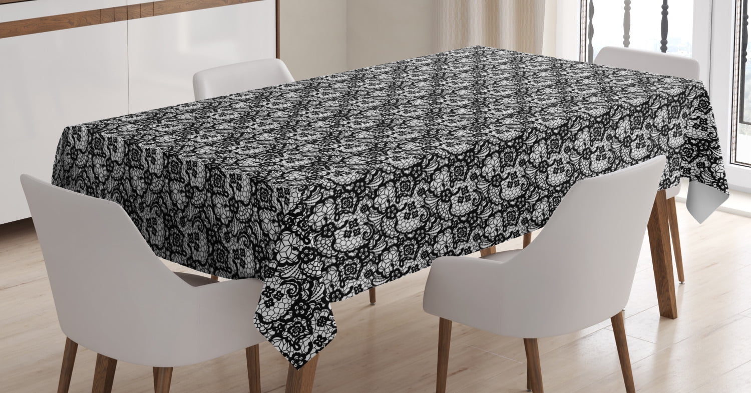 Black and White Tablecloth, Monochrome Lace with Flowers and Ornamental ...