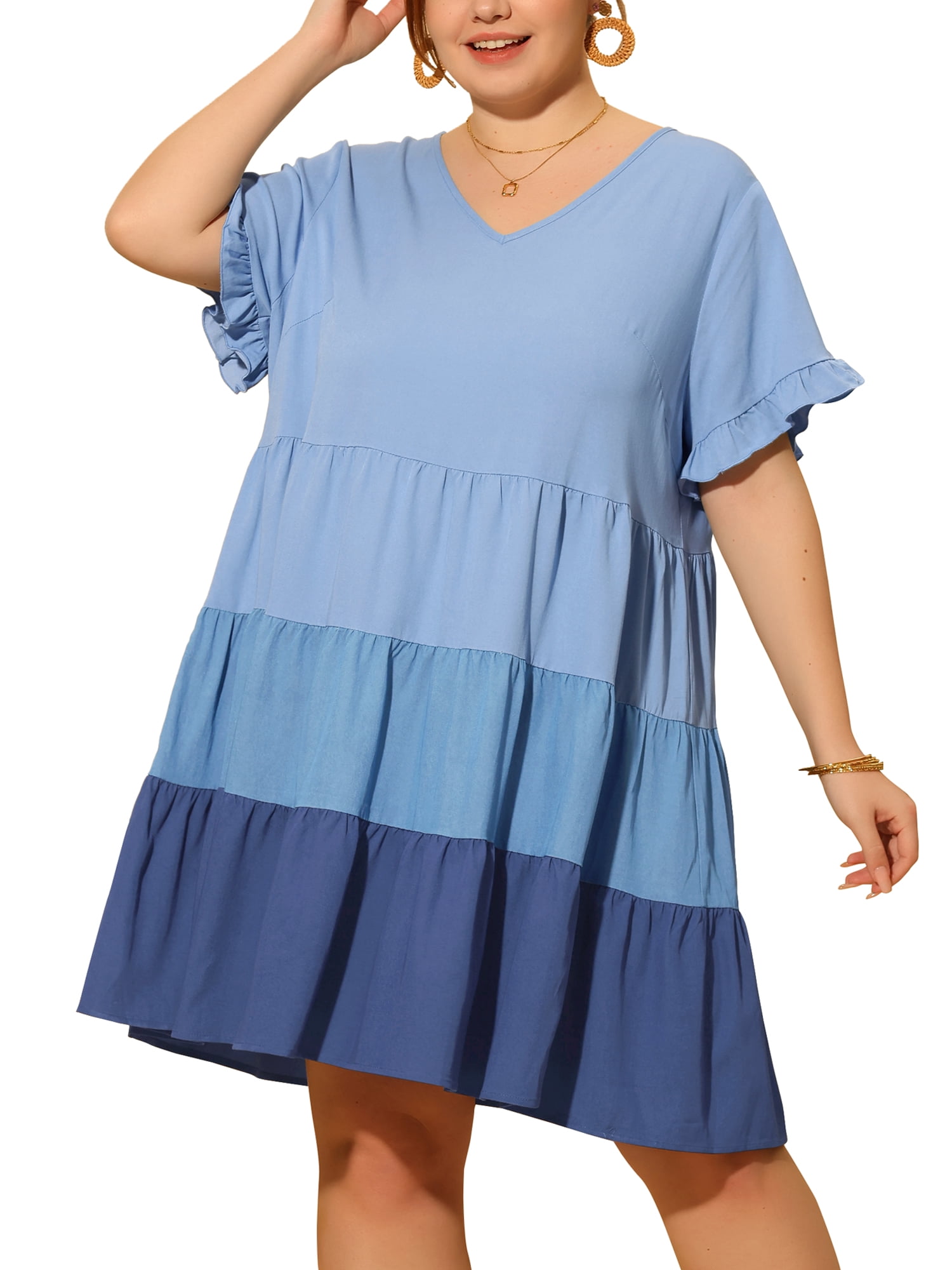 DARING DIVA Babydoll Ruffle Flowy Swing Hem Chambray Mini Dress 2X Blue