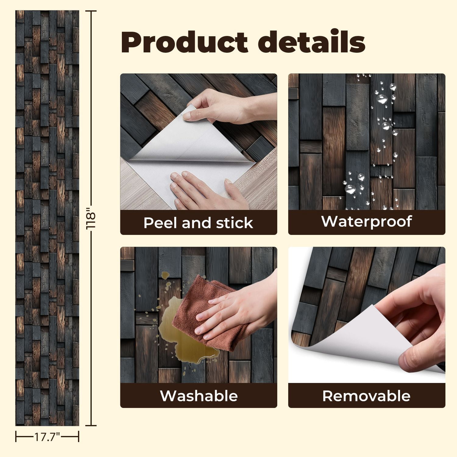 Peel and Stick Wallpaper Dark Charcoal Wood Paneling Natural Grain Patterns Wall Mural 17.7in x 9.8ft Self Adhesive Removable Wall Paper Renter Friendly Wallpaper for Nursery Bedroom Cabinets