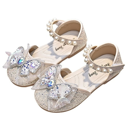 NOLDARES Flower Girl Shoes Wedding Party Princess Shoes Girls Dress Shoes for Kid Toddler Princess Flats for Little Girls(Beige 4-4.5 Years)