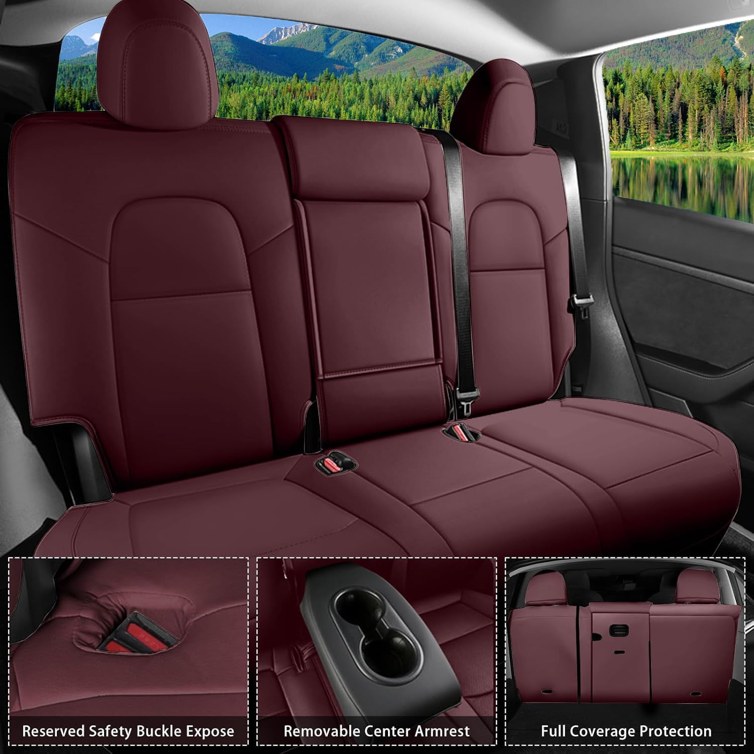 IKABEVEM Car Seat Cover for Tesla Model Y 2023-2024 - Full Set Faux Leather Seat Covers (Wine Red)