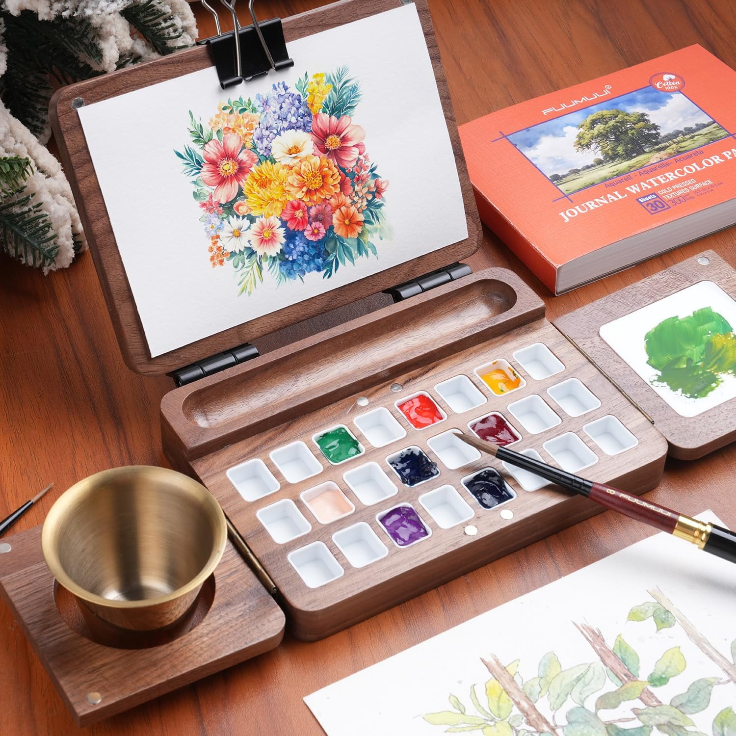 Portable Watercolor Palette, Travel Watercolor Palette 24 Grids Foldable with 2pcs Sable Travel Watercolor Brushes, Portable Walnut Wood Palette Box for Plein Air Painting