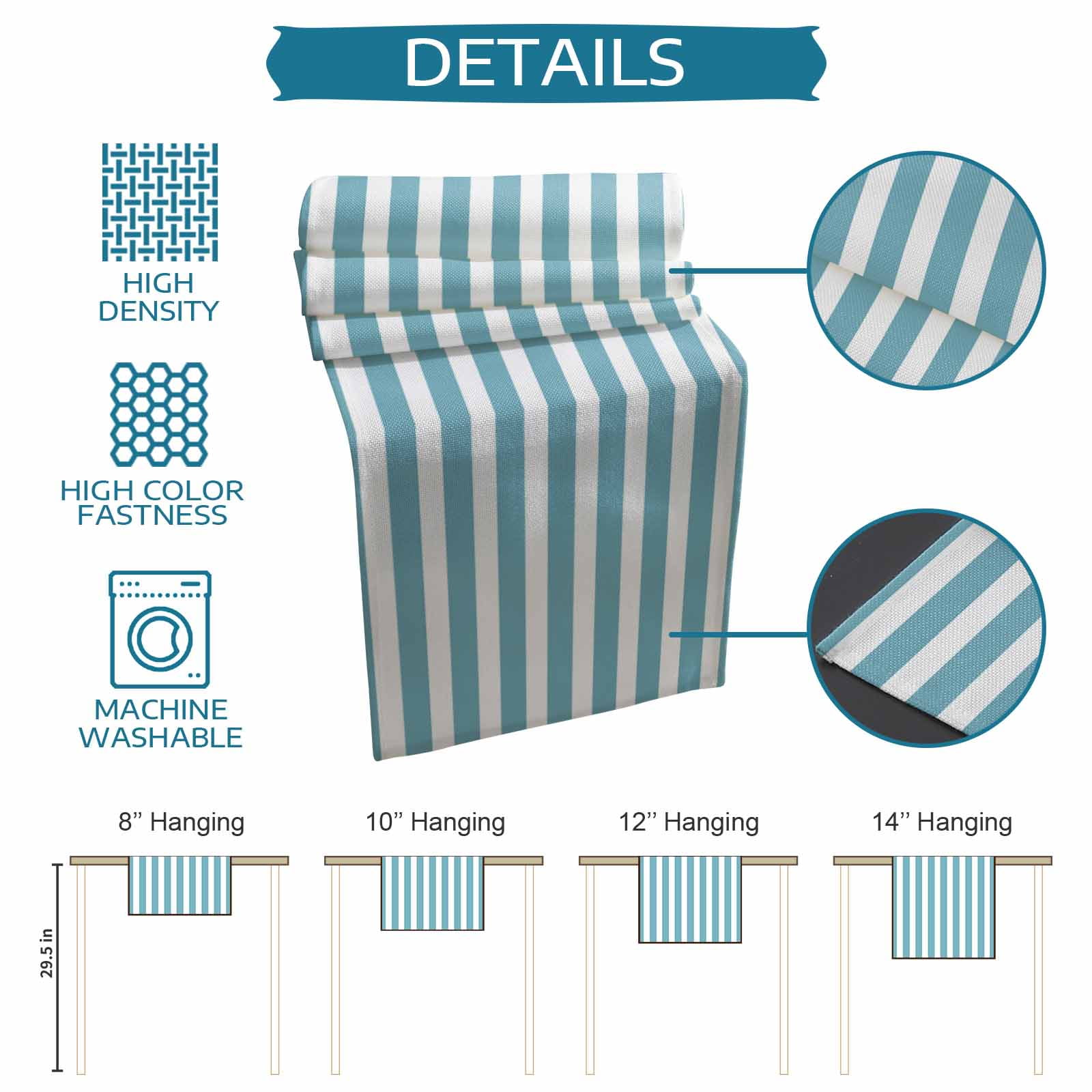Aqua Striped Table Runner, Modern Farmhouse Blue White Stripes Washable Cotton Linen Table Runners 60 Inches Long, Dresser Scarf Runner for Coffee/TV Stands/Kitchen/Cabinets 13''x60''