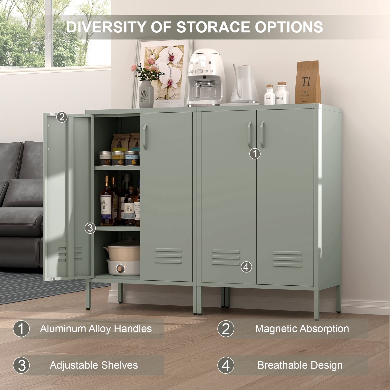 Marcree Green Metal Cabinet,2 Door Accent Cabinet,Metal Locker Cabinet with Legs,Sideboard Cabinet with Adjustable Shelves,Locker Storage Cabinet for Living Room,Entryway