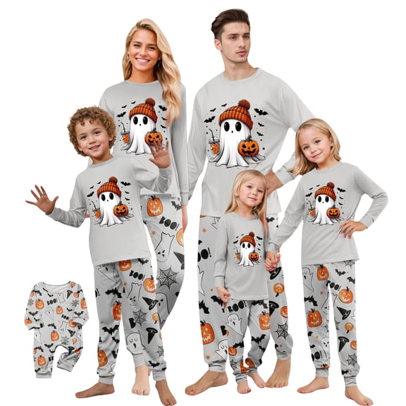 Onlypjs Family Halloween Matching Pajama Set Ghost Pumpkin Print Long Sleeve Gray Sleepwear Holiday Loungewear for Couples