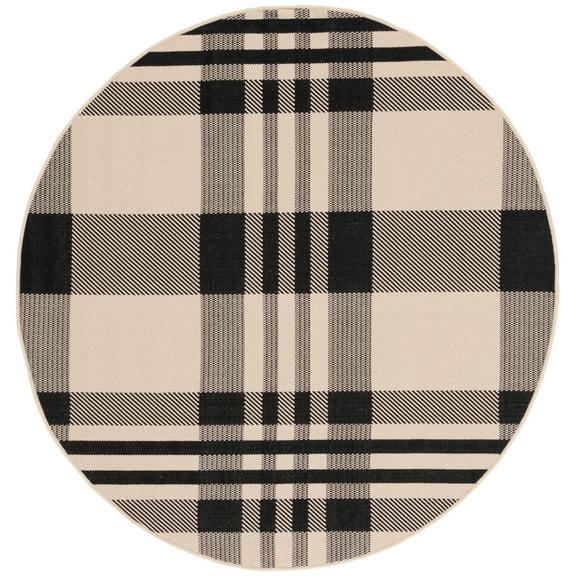 SAFAVIEH Courtyard Benjamin Plaid Indoor/Outdoor Area Rug, Black/Bone, 2'7" x 2'7" Round