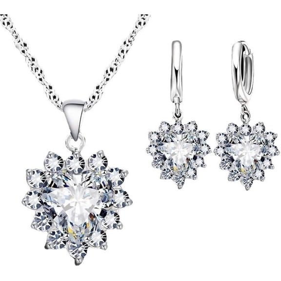 Zephyriana Dream Wedding Silver White Heart Earrings Necklace Set Elegant Women's Jewelry Accessories