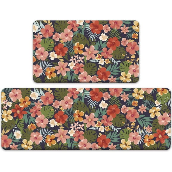 Floral Anti Fatigue Kitchen Mat Set of 2,Farmhouse Kitchen Rugs and Mats,Waterproof Non Slip Memory Foam Cushioned Comfort Kitchen Floor Mat,Padded Kitchen Mats for Standing 17‘‘x30‘‘ 17‘‘x47‘‘