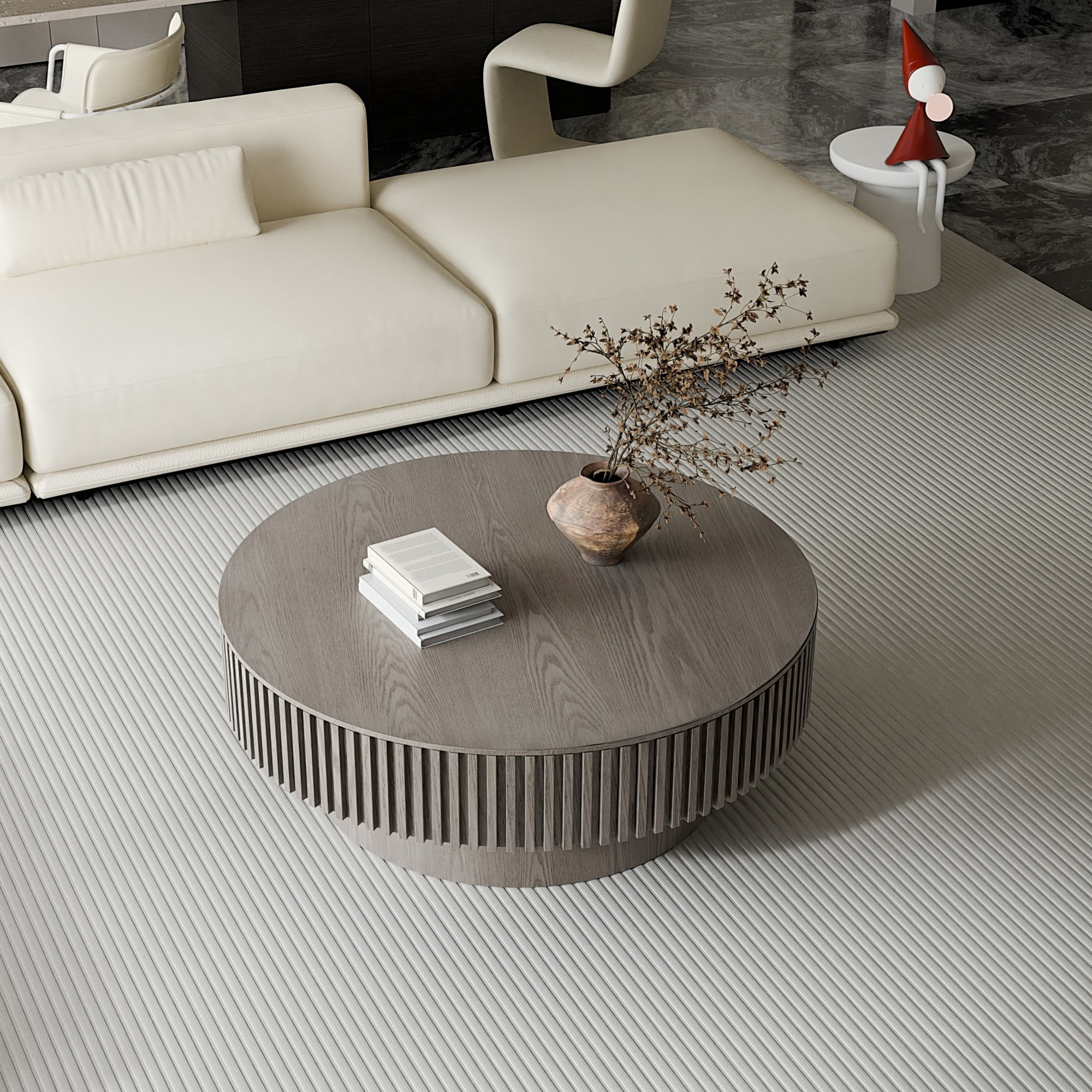 39.37" Round Coffee Table with Storage, Fluted Modern Coffee Table with Hidden Storage, Wood Veneer Center Table for Living Room, Grey