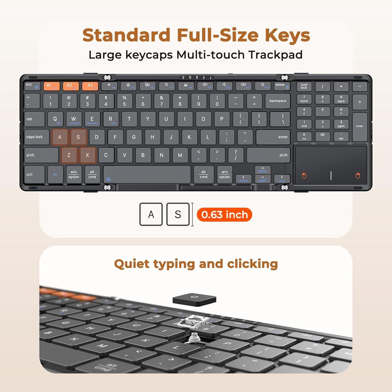 Meetion Foldable Bluetooth Keyboard, Full Size with Number Pad & Touchpad, Rechargeable for Travel