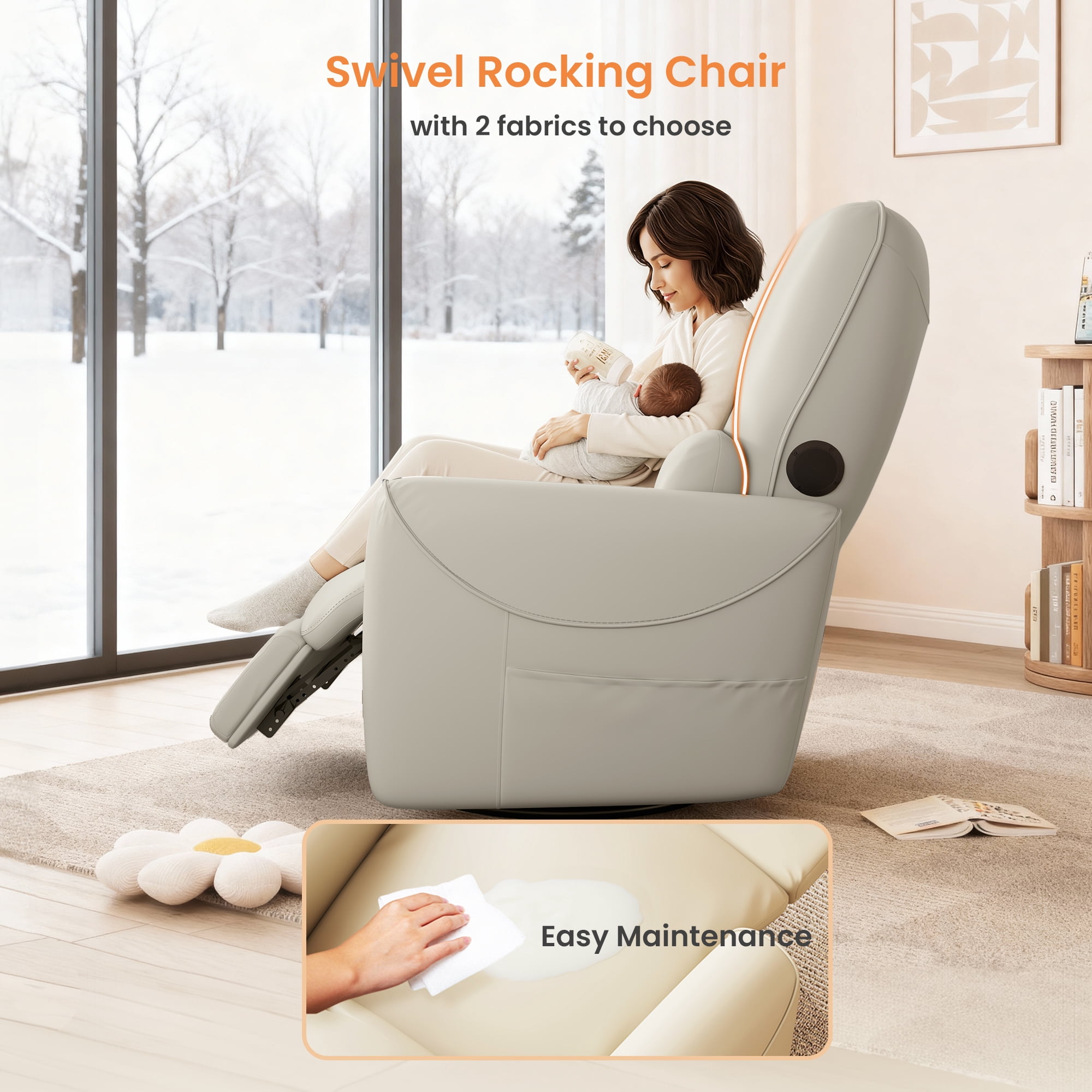 SERWALL Bluetooth Nursery Rocking Chair with 270° Swivel, Swiverl Glider Rocking Chair with USB-C Port & Speaker, Faux Leather Gray