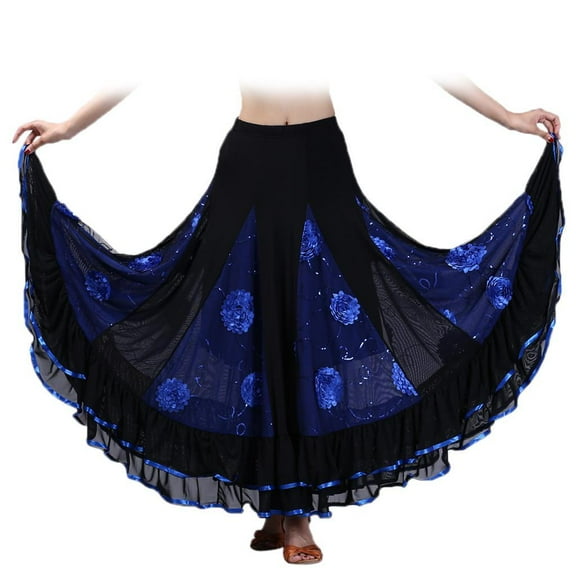 Yunhgft Flamenco Ballroom Waltz Dance Swing Skirt Sequin Flowers Party Dress - Blue, as