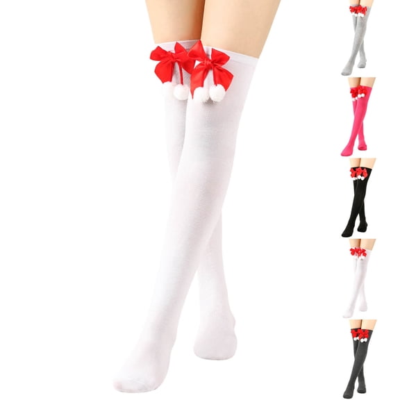 Utoimkio Women's Christmas Thigh High Socks Long Solid Winter Warm Socks Christmas High Stockings with Bow for Women and Girls