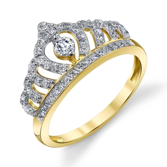 14k Yellow Gold Round Cut CZ Princess Crown Ring