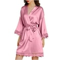 thumbnail image 2 of IROINNID Long Sleeve Dress for Women Homewear Long-Sleeve V-Neck Dress Color Lace Night-Robe One Size,Hot Pink, 2 of 8