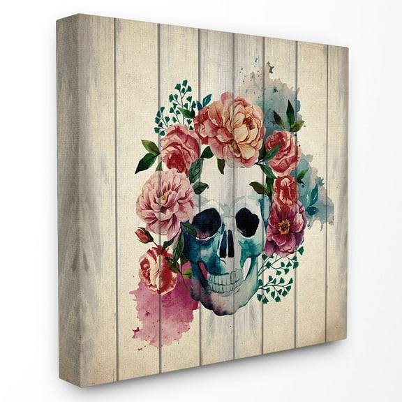 The Stupell Home Decor Collection Floral Skull Watercolor On Planks Wall Art
