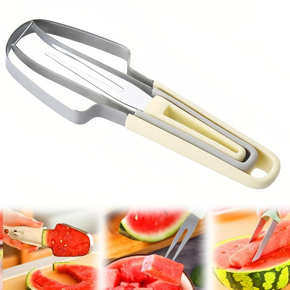 3-In-1 Watermelon Fork Slicer Cutter,New Stainless Steel Watermelon Popsicle Slicer Tool,Portability Watermelon Knife Fruit Cutter for Camping Kitchen Gadgets (Green)