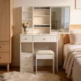 thumbnail image 4 of 29.2" Small Space Desktop Vanity Table with Cushioned Stool - Extra Large Sliding Mirror & Multi-Layer Storage (White), 4 of 12