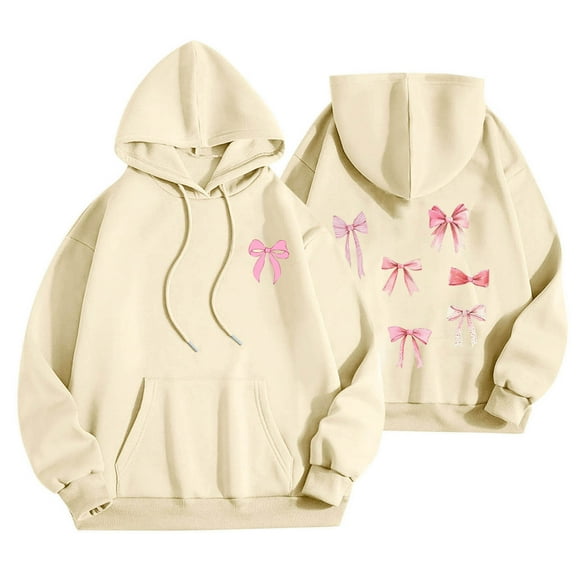 Womens Blouses Long Sleeve Hoodies Bow Tie Print Casual Fall Loose Pullover Hooded Sweatshirt Beige XXS,Tops for Women