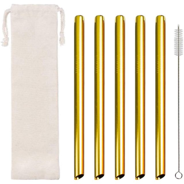 5 Pcs Pailles en Métal Réutilisables avec 1 Brosse, Grandes Pailles Droites Colorées, Paille en Acier Inoxydable Recyclée pour Gobelet Rumbler Boisson Froide, Pailles pour Maison Bar Boutique de Boissons (Or)