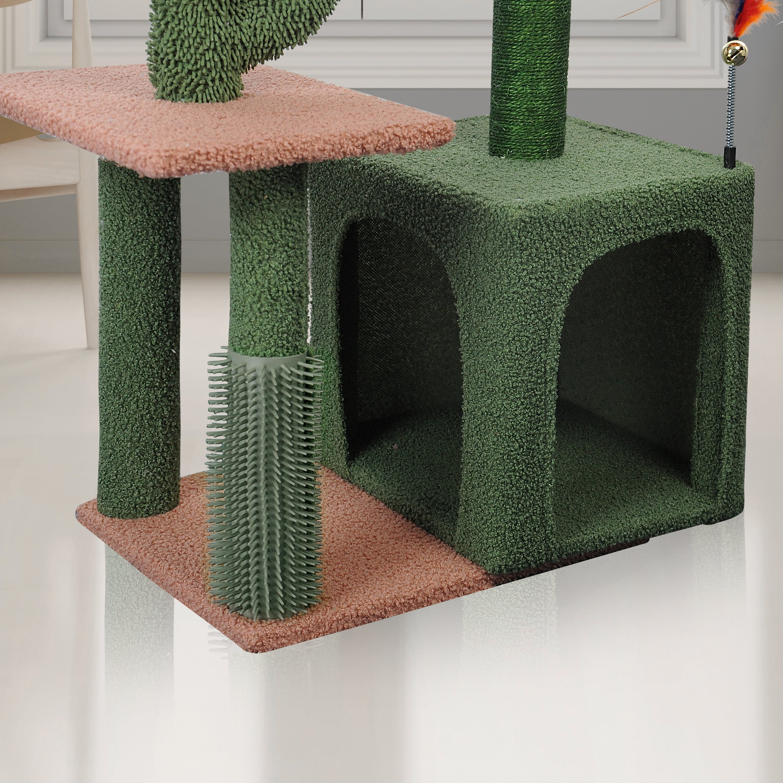 AIWIKIDE 31.50" Cactus Cat Tree for Indoor Cats with Cat Condo and Scratching Post,Cute Cat Tower with Self-Grooming Brush and Toy Balls,Green
