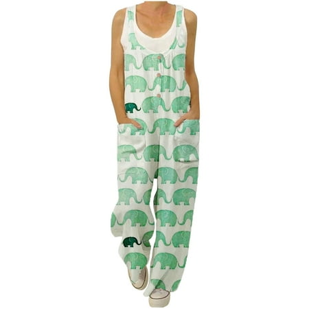 

Usmixi Womens Jumpsuits Loose Plus Size Strap Long Jumpsuits Overalls with Pocket Casual Animals Print Round Neck Sleeveless Maxi Summer Rompers Green xxxxl